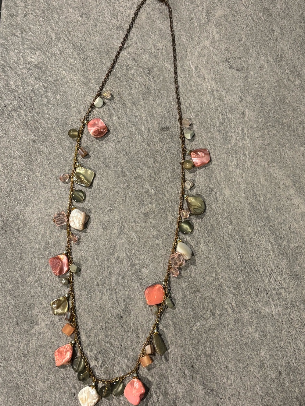 Vintage Bronze-Tone Necklace Pink Green Shell Mother of Pearl MOP Accents 32”